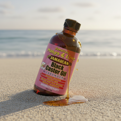 A bottle of Jamaican Black Castor Oil with a pink label and black cap, set against a plain white background.
