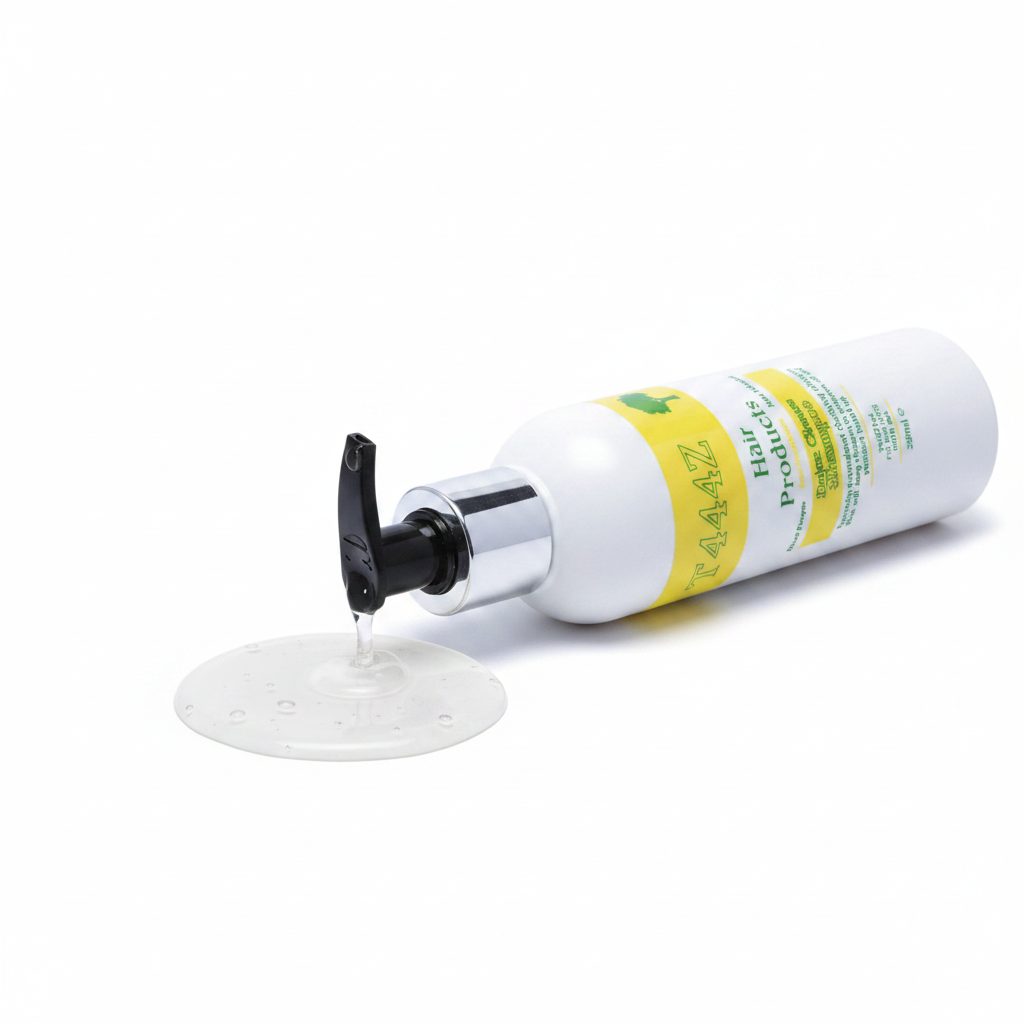 A white plastic pump bottle of T444Z Hair Products Capus Cleanse Shampoo with a yellow and green label, set against a plain white background.