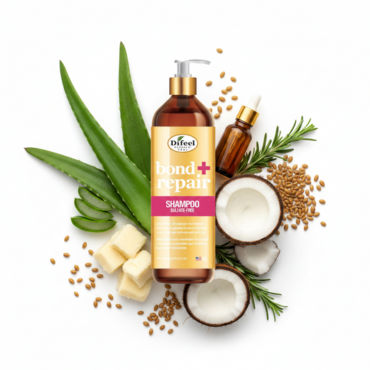 D'feel Plus Bond+ Repair Shampoo in an amber brown bottle with a gold and pink label, featuring a white pump dispenser, on a solid white background.