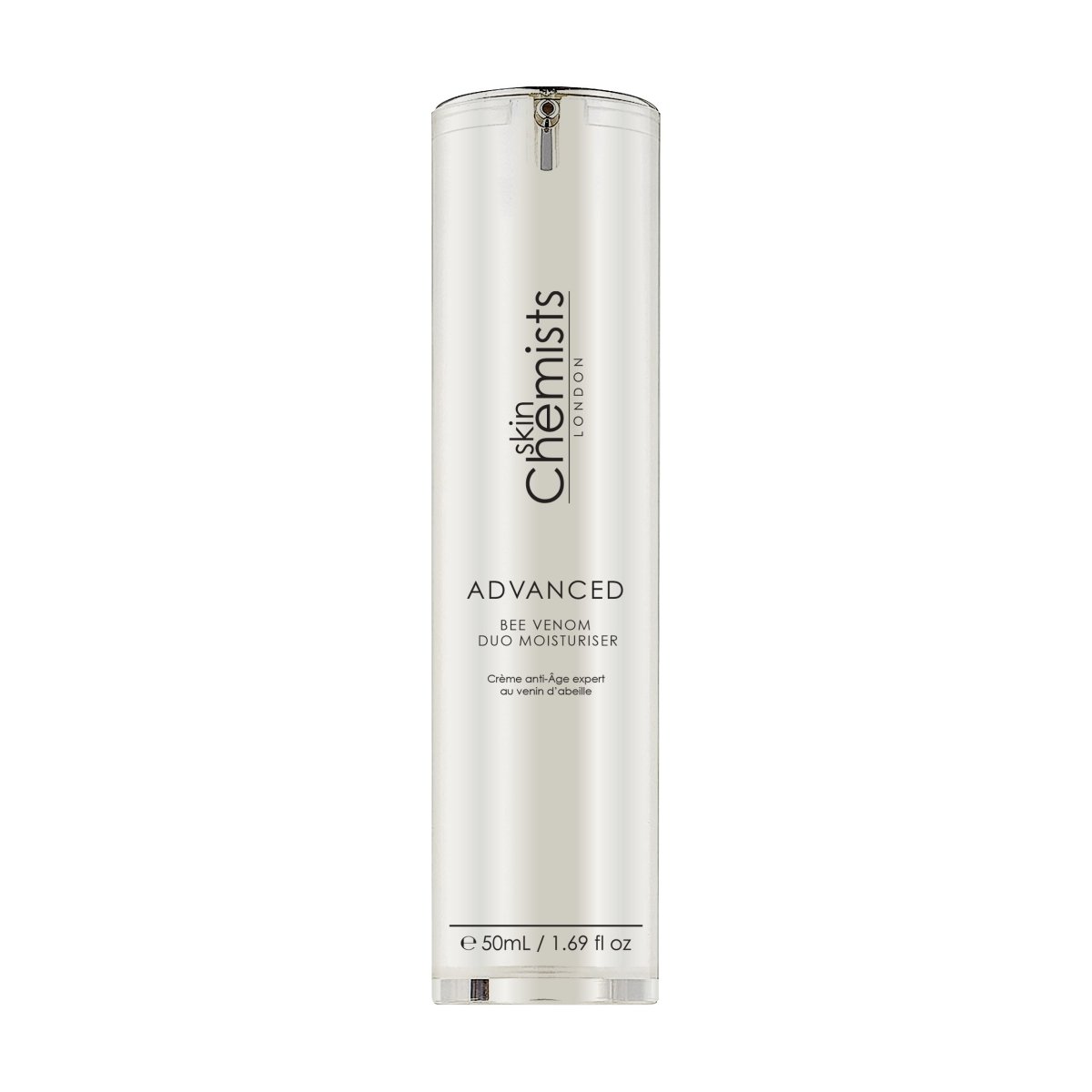 Skincare bottle labeled 'skinChemists' on a white background