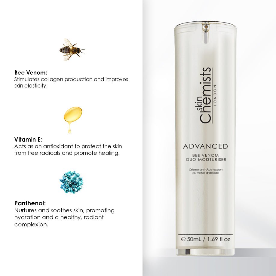 Skincare product with ingredients listed on a white background