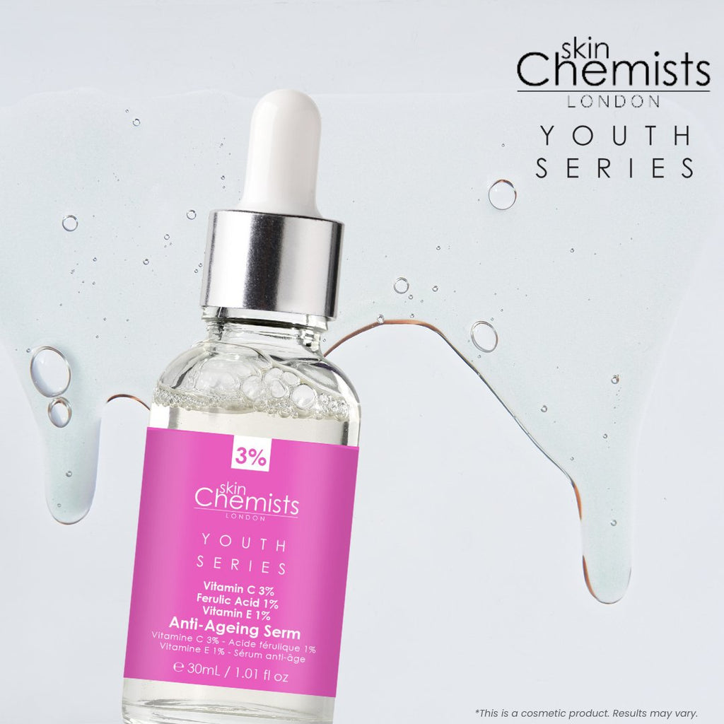 Skincare serum bottle with dropper labeled 'skin Chemists Youth Series' on a light gray background.