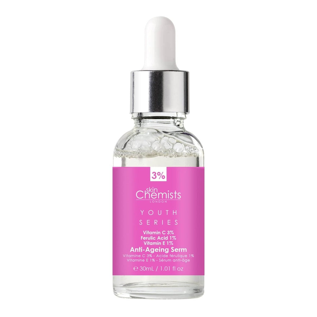 Skincare serum bottle with pink label on a white background