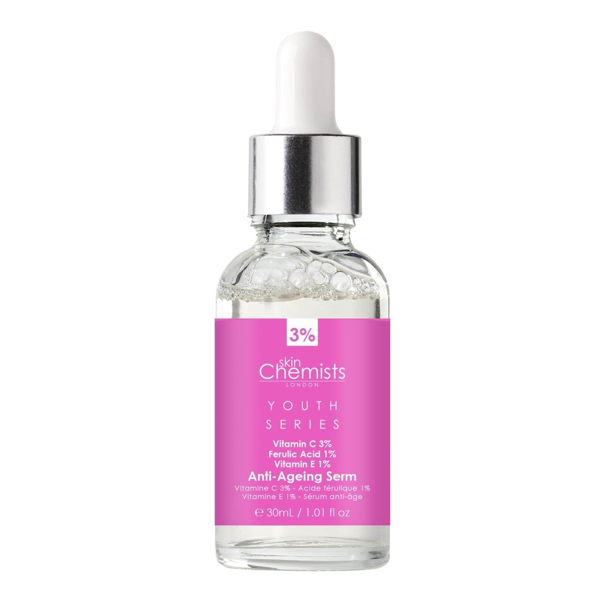 Skincare serum bottle with pink label on a white background
