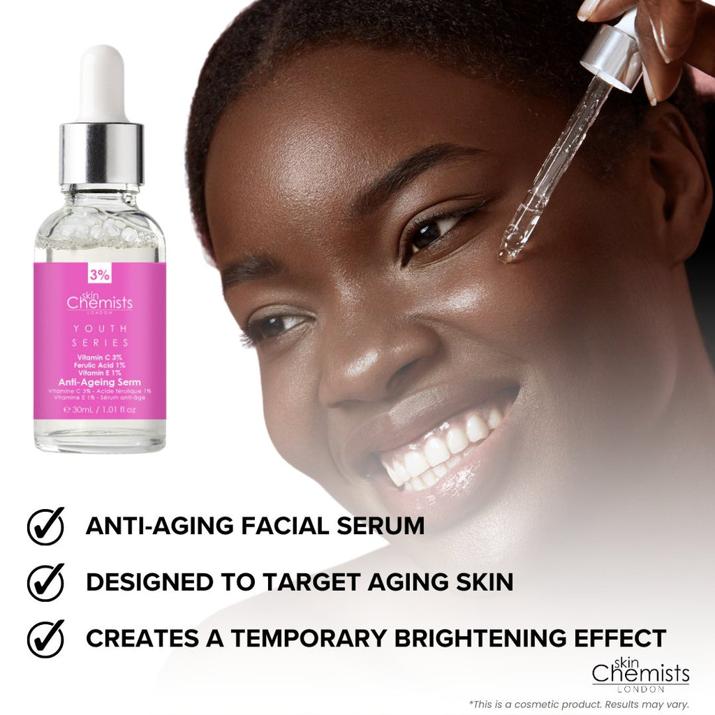 Woman applying anti-aging facial serum with product packaging on a white background