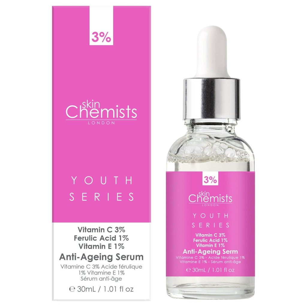 Anti-aging serum bottle with pink packaging and 'skinChemists London' branding on a white background.