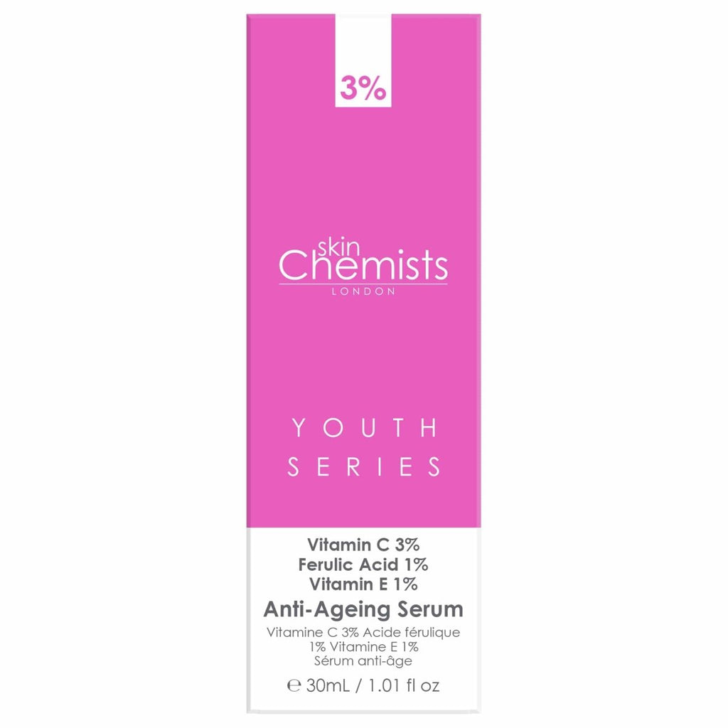 Pink packaging of skinChemists London Youth Series Anti-Ageing Serum on a white background