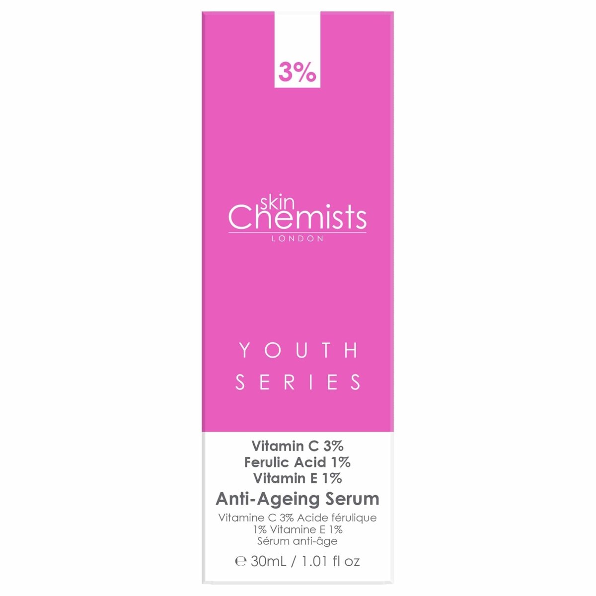 Pink packaging of skinChemists London Youth Series Anti-Ageing Serum on a white background