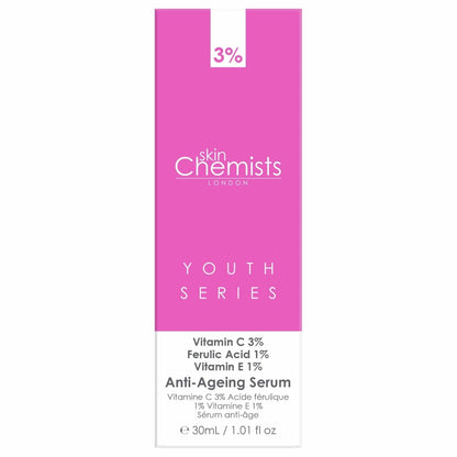 Pink packaging of skinChemists London Youth Series Anti-Ageing Serum on a white background