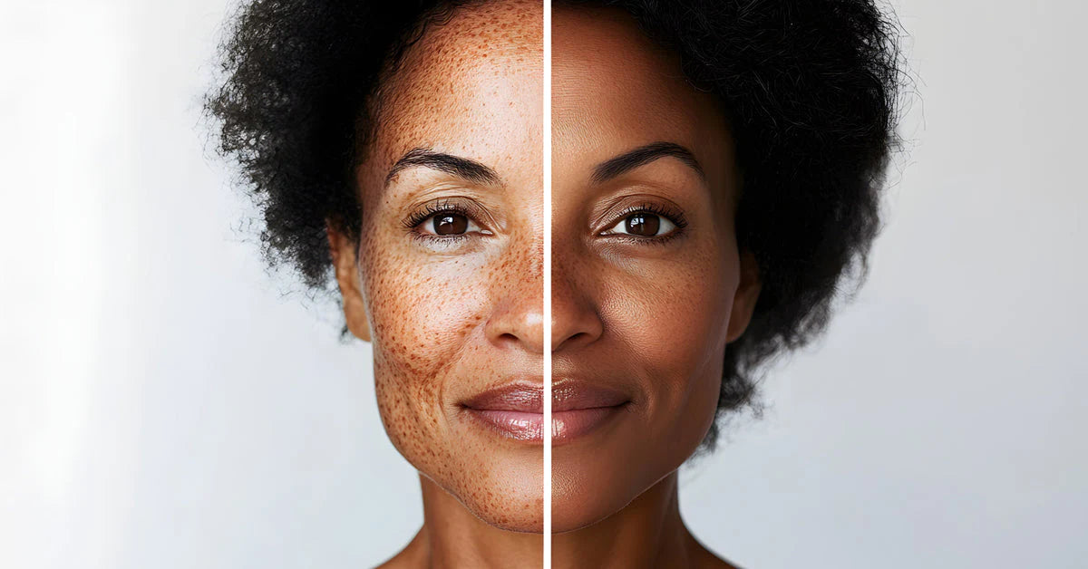 Side-by-side comparison of a woman's face with and without makeup on a plain background