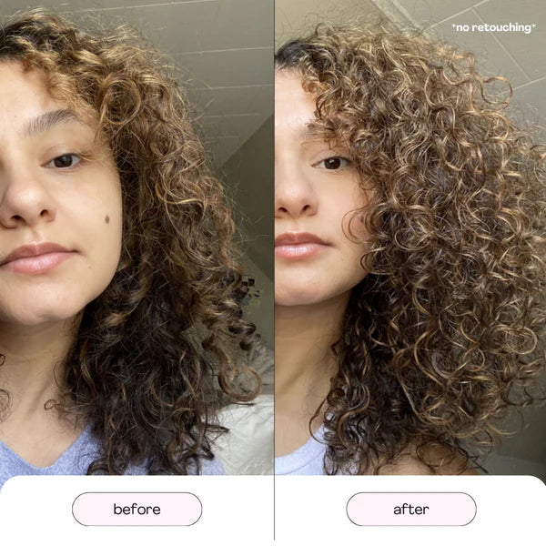 Before and after comparison of a person with curly hair, showing no retouching on the right.