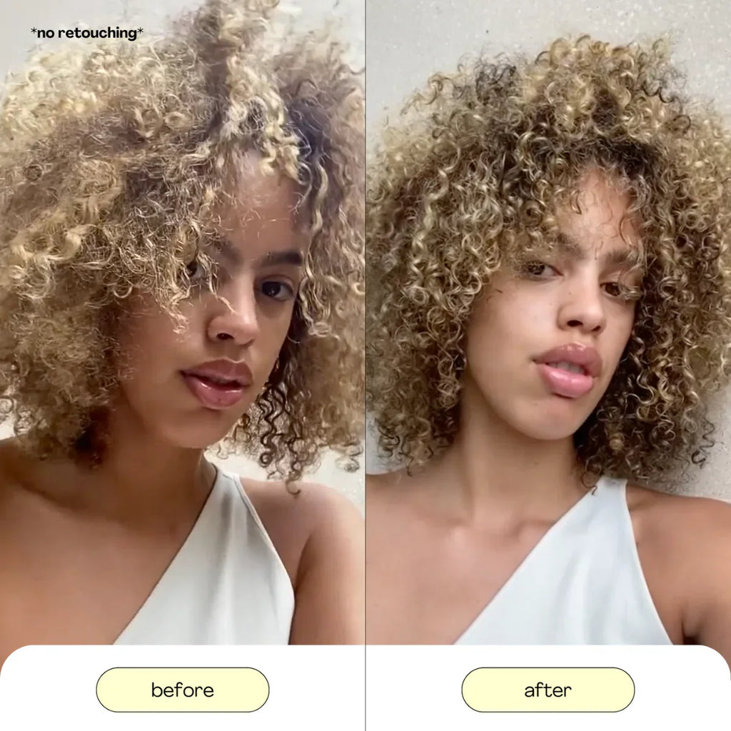 Before and after comparison of a woman with curly hair, labeled 'no retouching'.