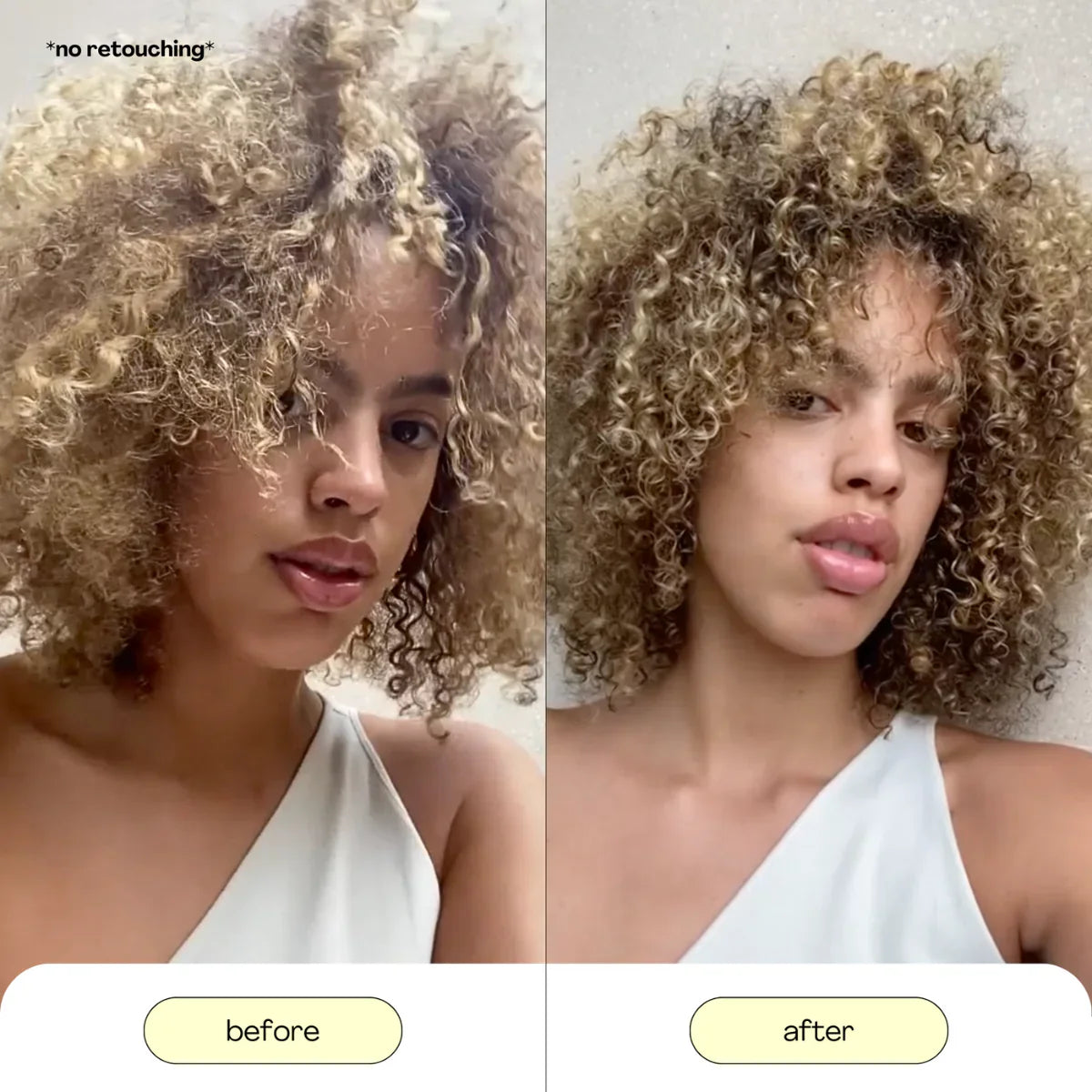 Before and after comparison of a woman with curly hair, labeled 'no retouching'.