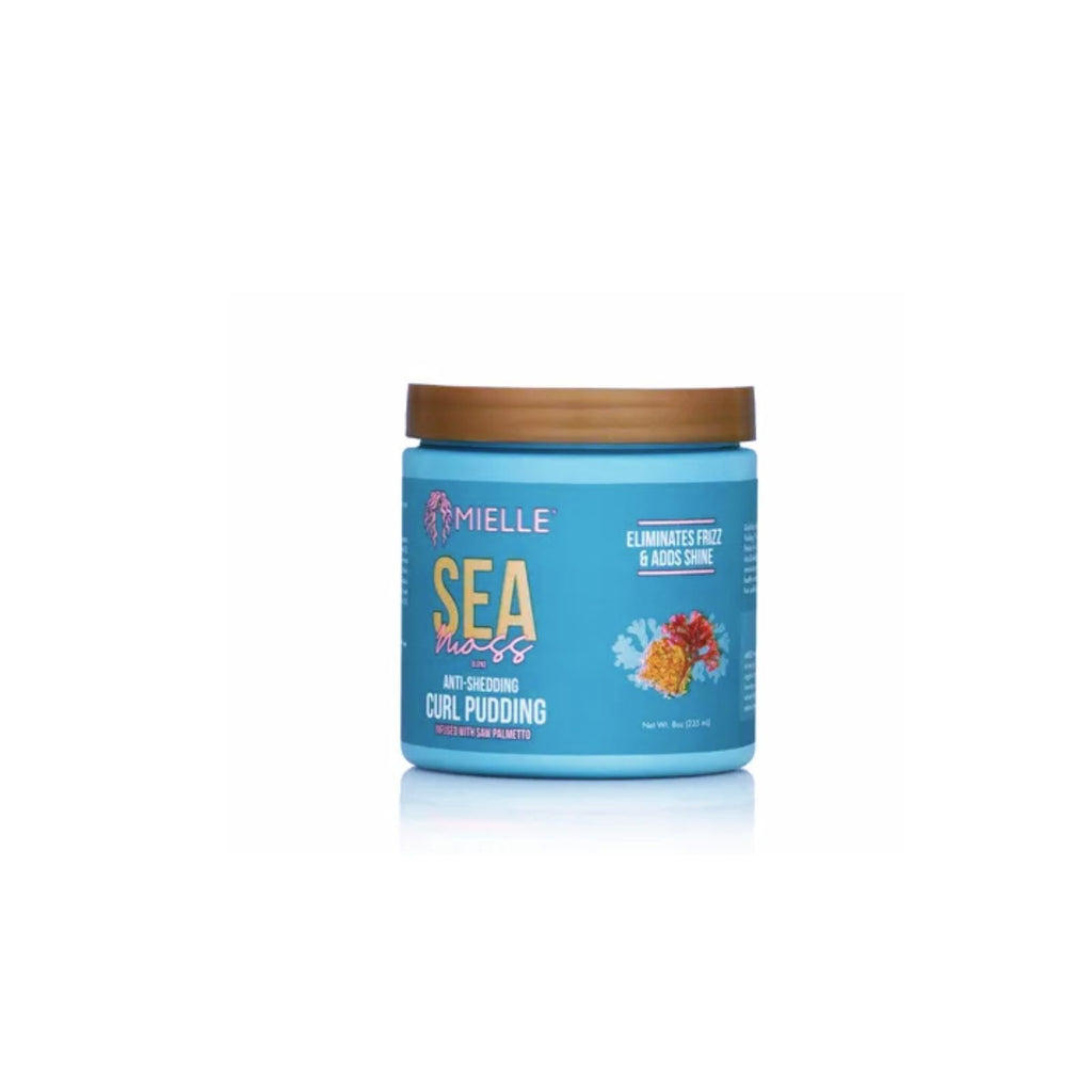 Blue jar of Mellee Sea Salt Curl Pudding with a brown lid on a white background