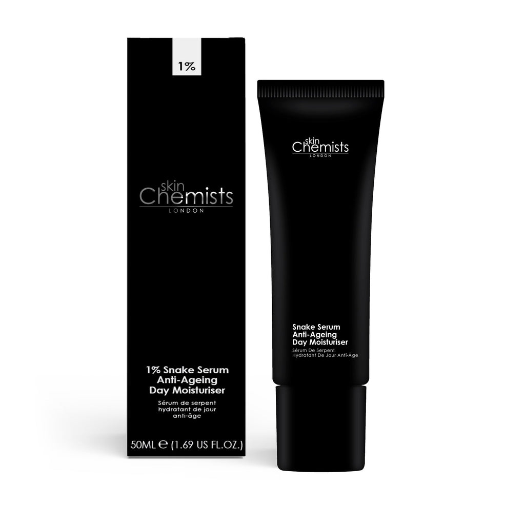 Black tube and box of skinChemists London skincare product on a white background