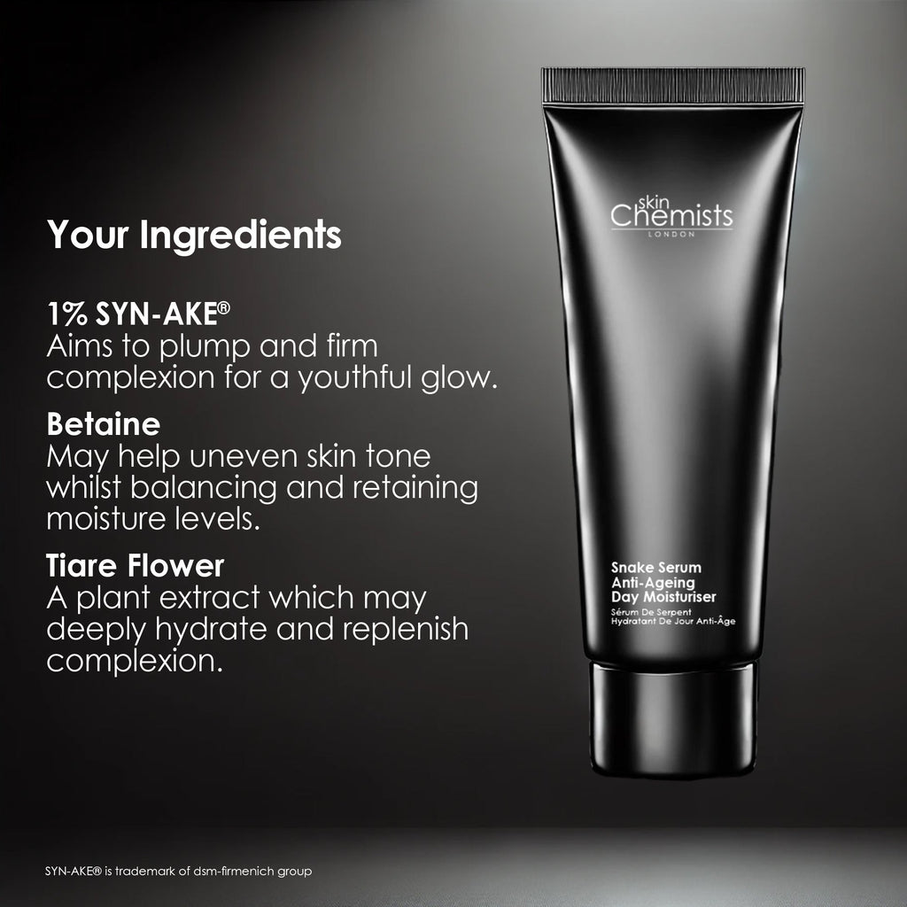 Black skincare serum tube with brand name on a dark background, featuring product details.
