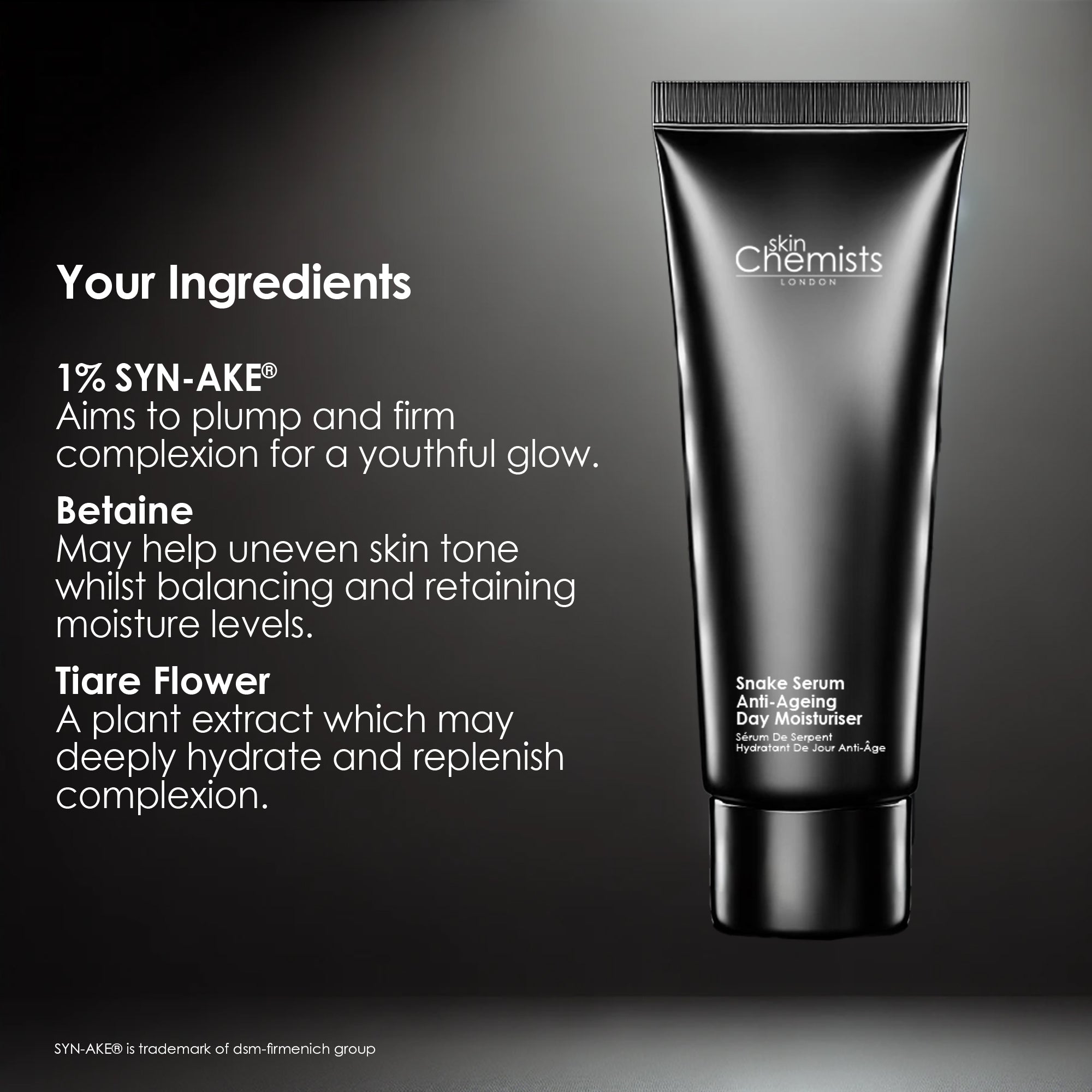 Black skincare serum tube with brand name on a dark background, featuring product details.