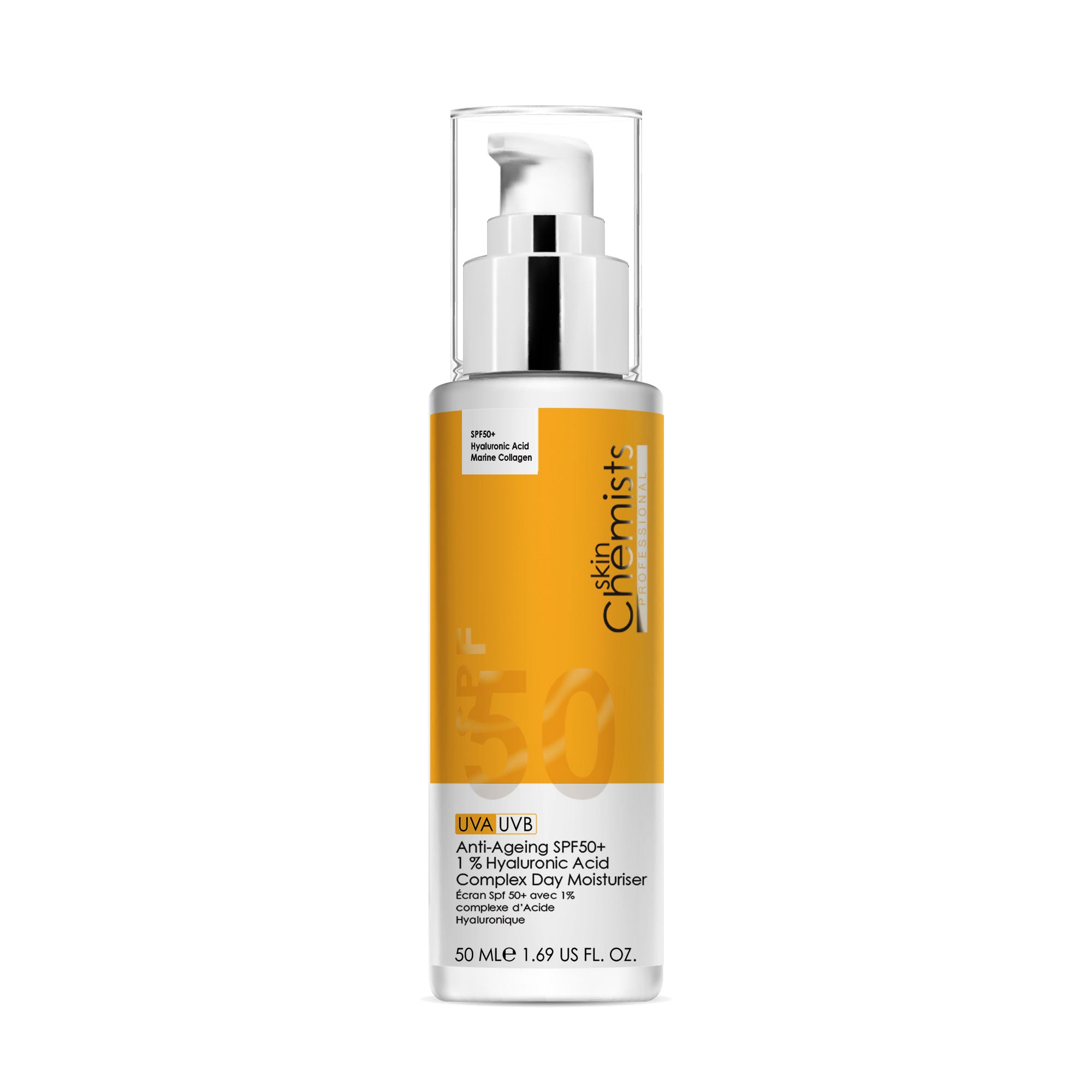 Skincare bottle with yellow label on a white background