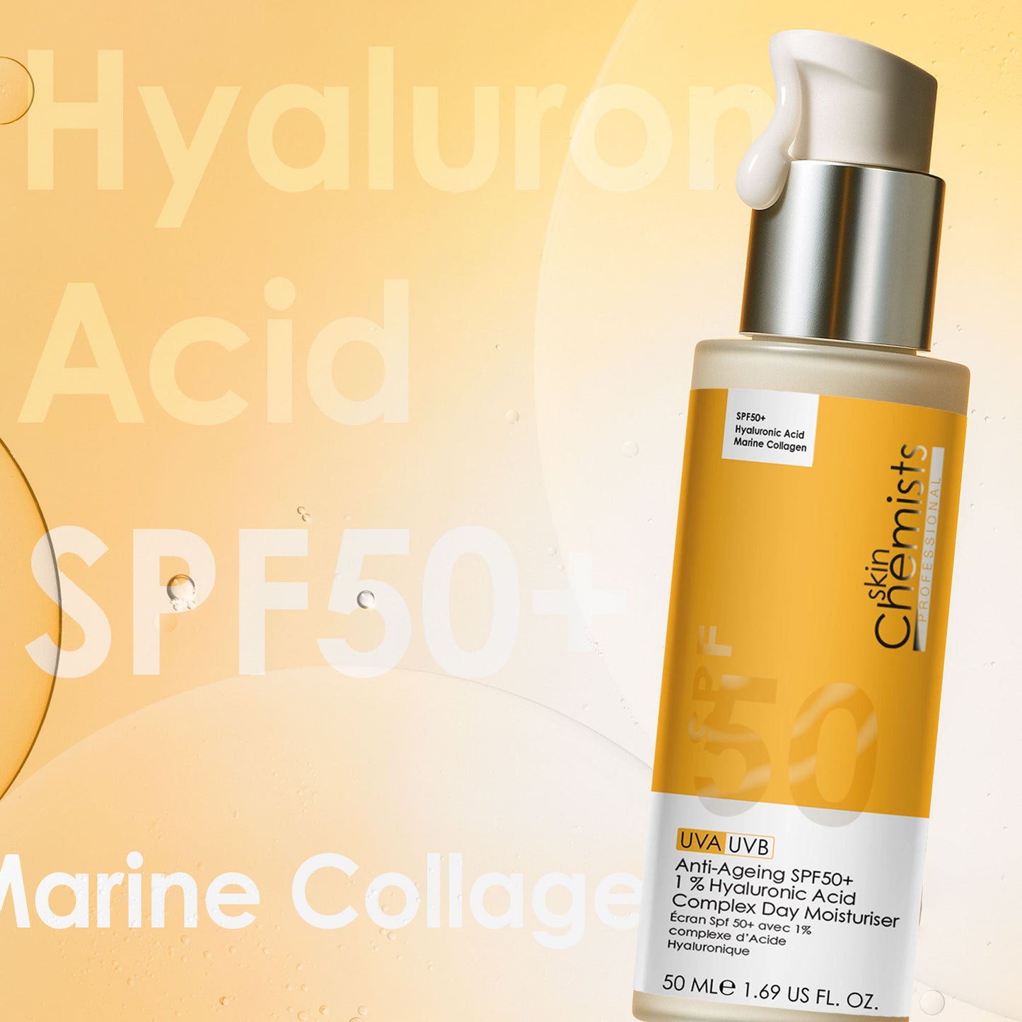 Skincare bottle with yellow label on a yellow background