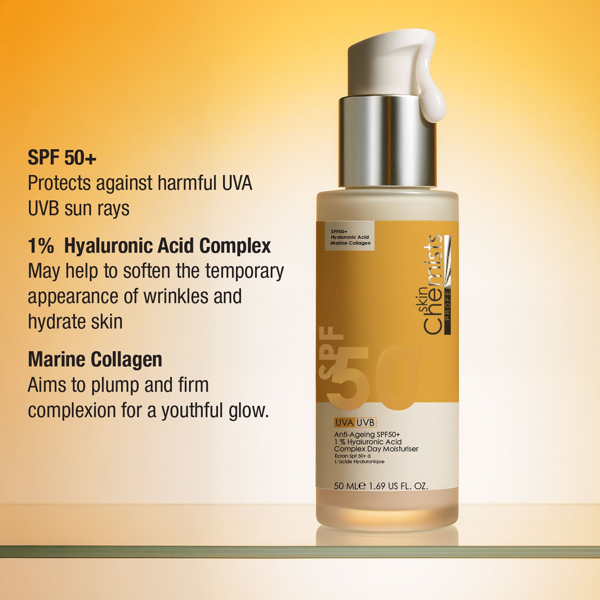 Skincare bottle with SPF 50+ text on a gradient background