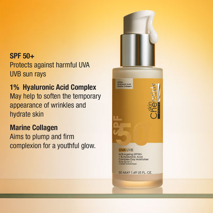 Skincare bottle with SPF 50+ text on a gradient background