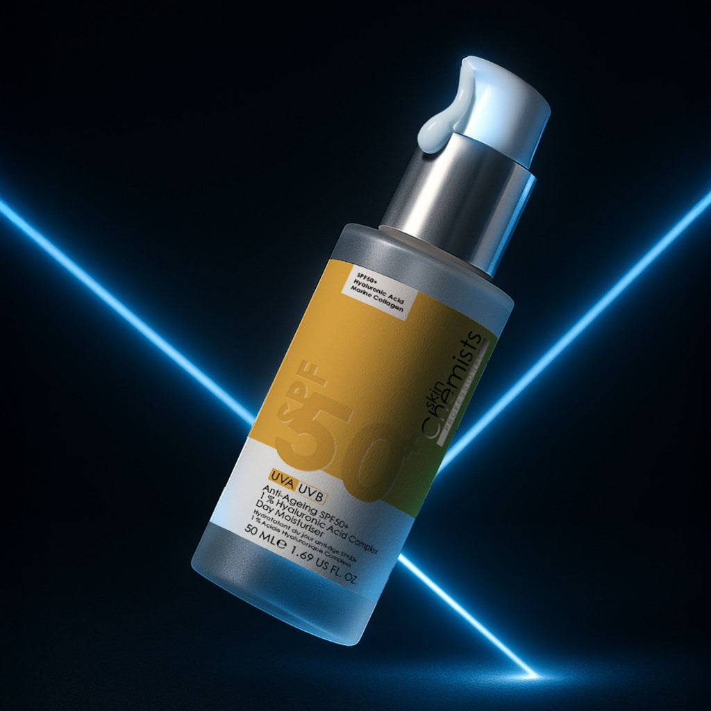 Skincare serum bottle with blue light effects on a dark background