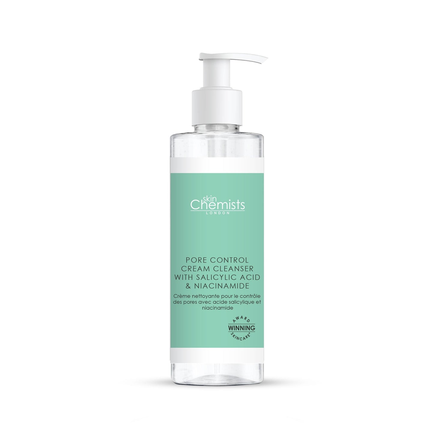 Skincare bottle with pump on a white background