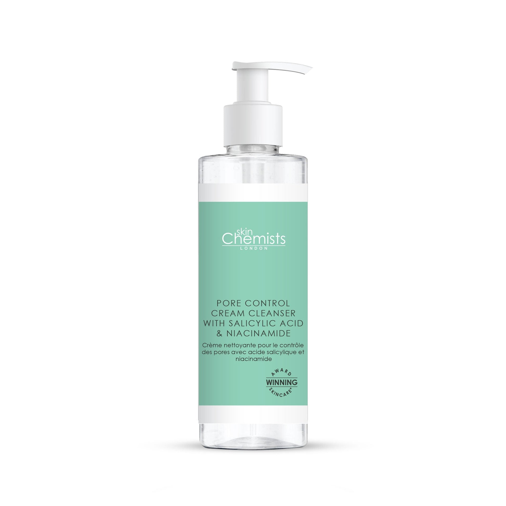 Skincare bottle with pump on a white background