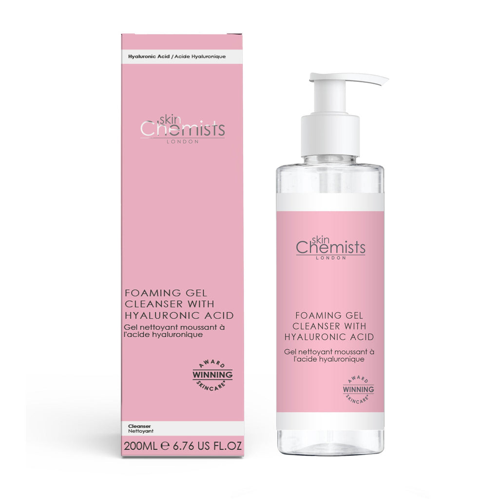 Foaming gel cleanser with hyaluronic acid by skinChemists London, including bottle and packaging.