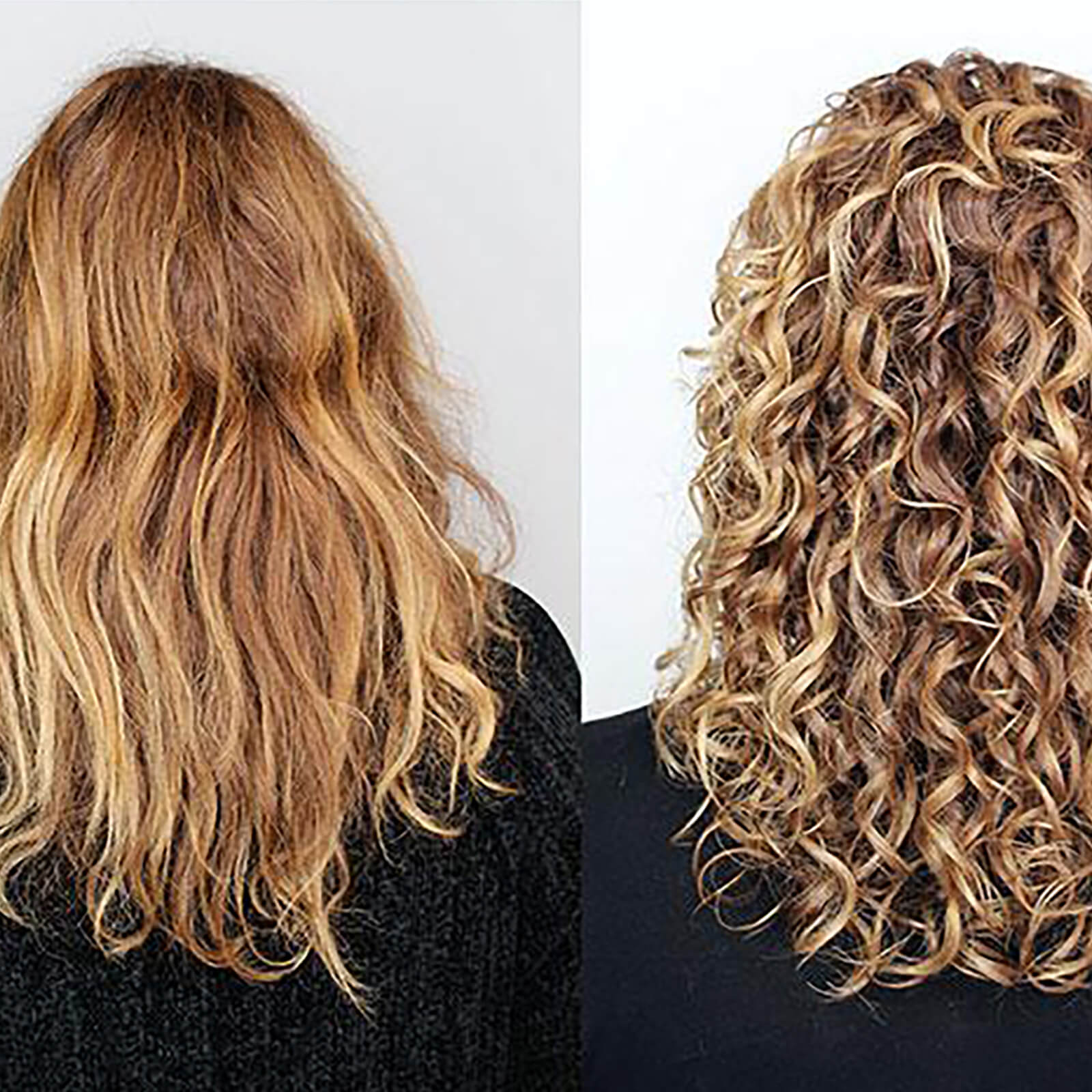 Two hairstyles side by side, one with straight hair and the other with curly hair.