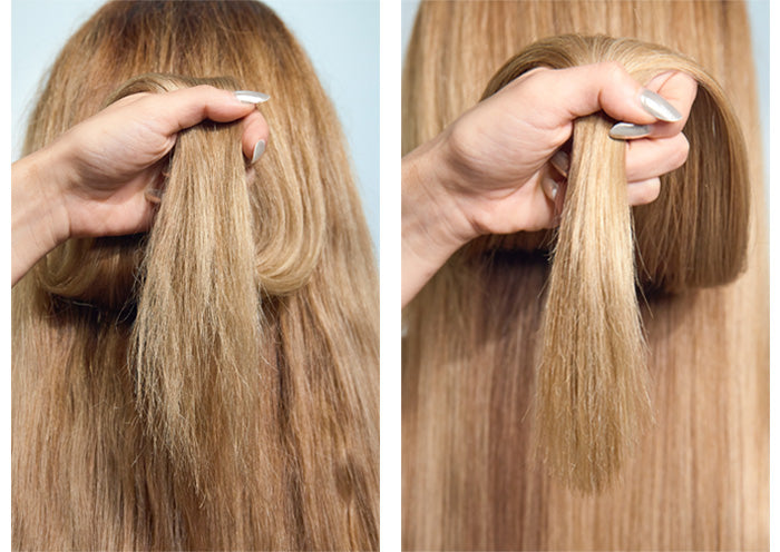 Two views of blonde hair extensions held by a hand against a neutral background.