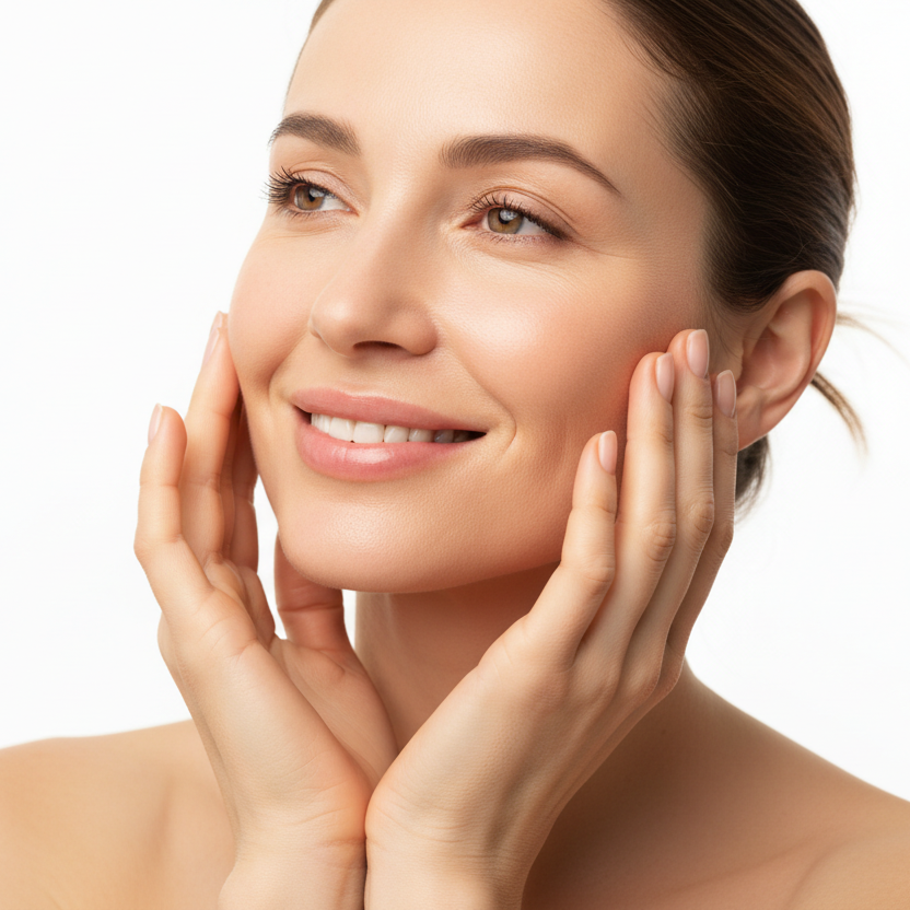 Woman with smooth, firm, glowing skin showing anti-aging results