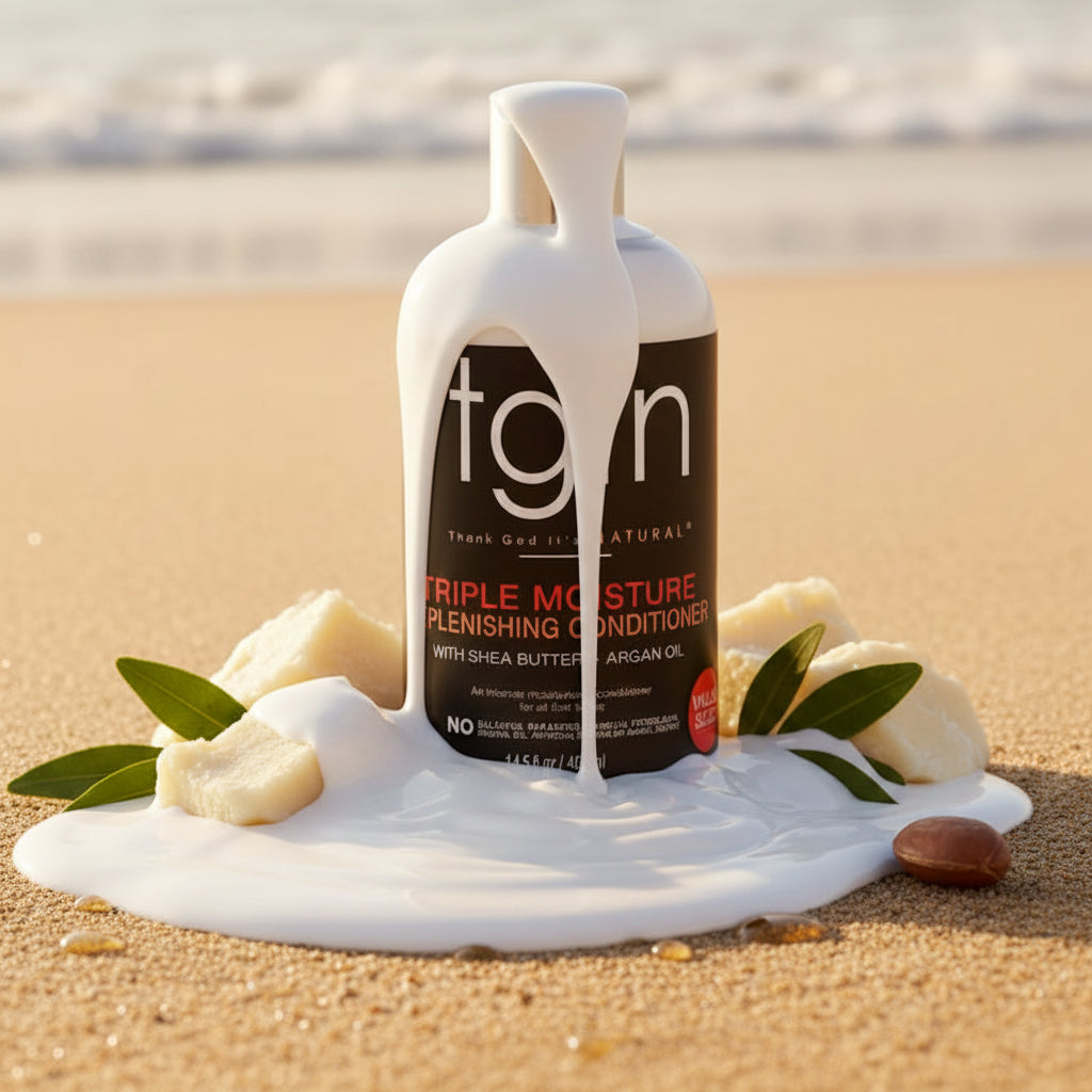 A bottle of Tgin Triple Moisture Replenishing Conditioner with Shea Butter and Argan Oil, featuring a white bottle, silver pump, and a black label with white and red text.