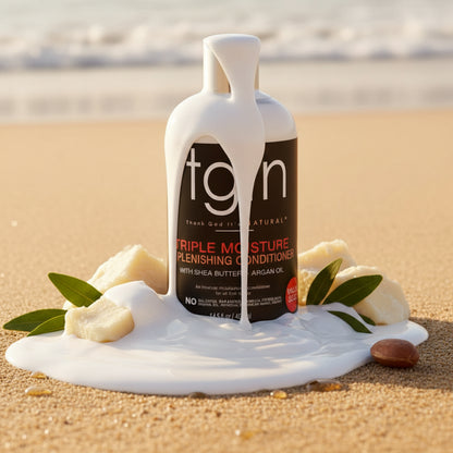 A bottle of Tgin Triple Moisture Replenishing Conditioner with Shea Butter and Argan Oil, featuring a white bottle, silver pump, and a black label with white and red text.