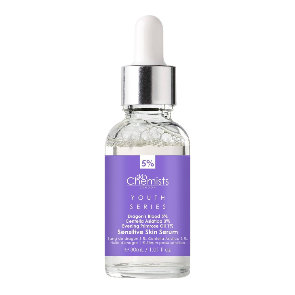 Serum bottle with purple label on a white background