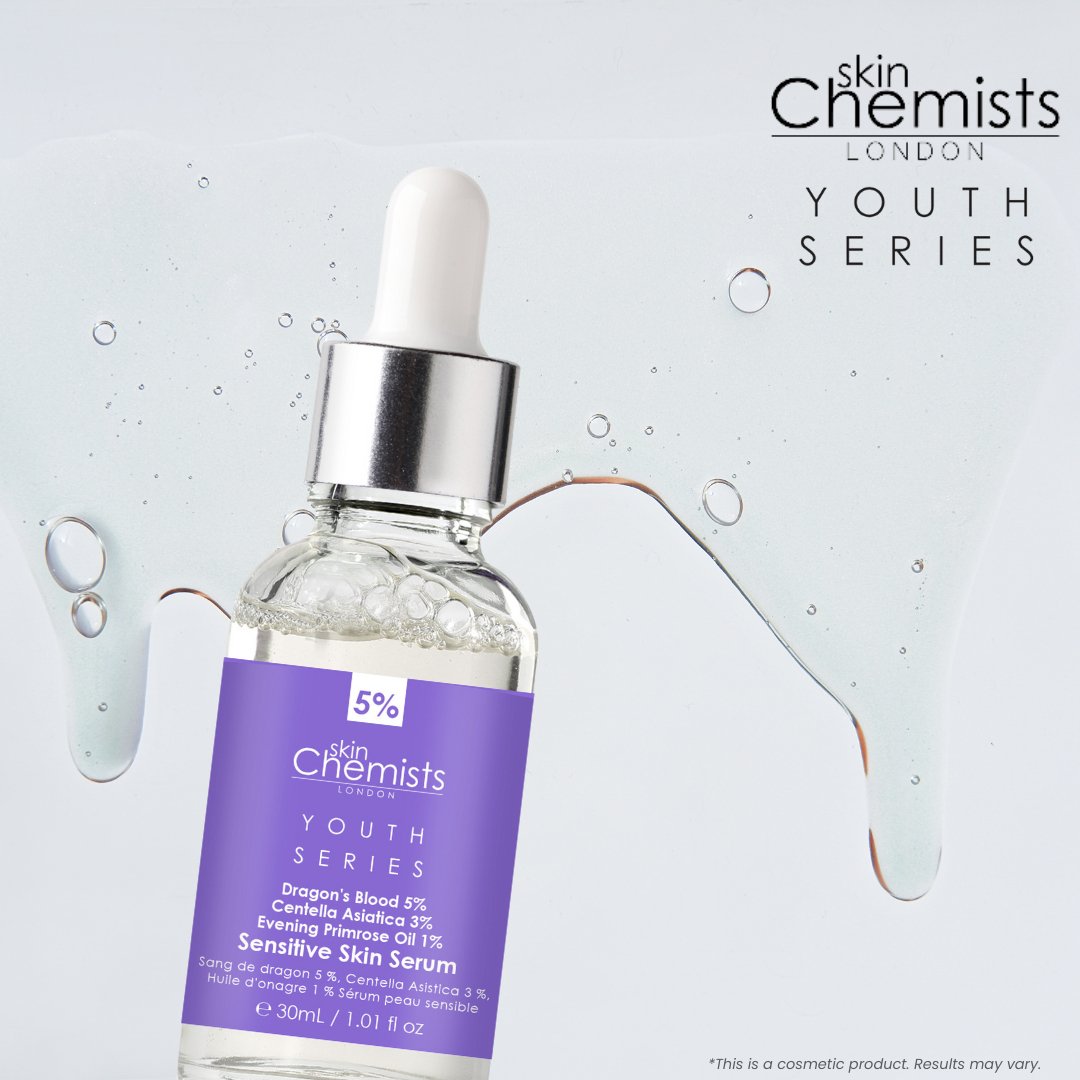 Skincare serum bottle with dropper labeled 'skin Chemists London Youth Series' on a light gray background.
