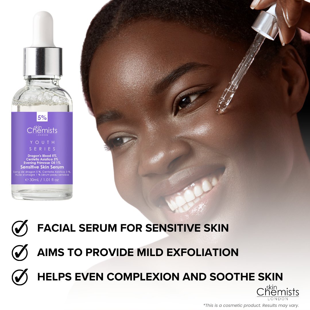 Facial serum for sensitive skin with a woman applying it to her face.